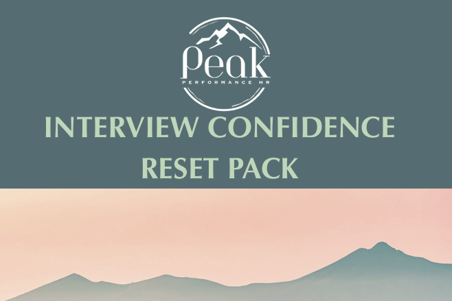 Promotional graphic for 'Interview Confidence Reset Pack' by Peak Performance HR with a mountain landscape.